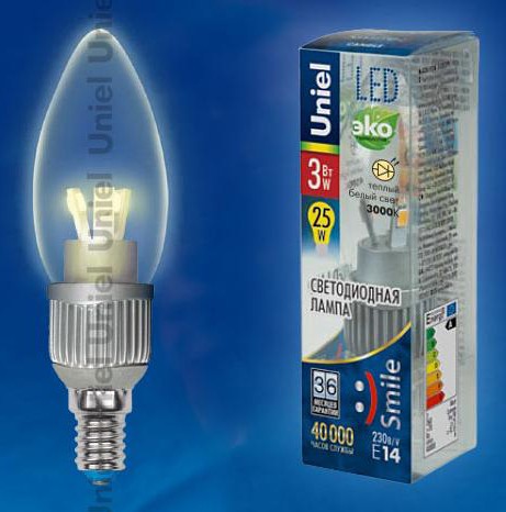 Лампа светодиодная  Uniel LED-C37P-3W/WW/E14/CL 