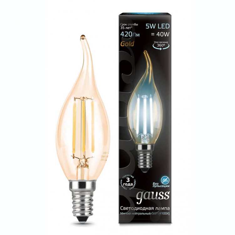 Лампа Gauss LED Vintage Filament 104801805 E14 5W 4100K golden свеча на ветру