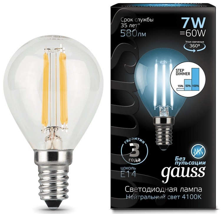 Лампа Gauss LED Filament 7W 105801207-S 4100K E14 шар диммир.