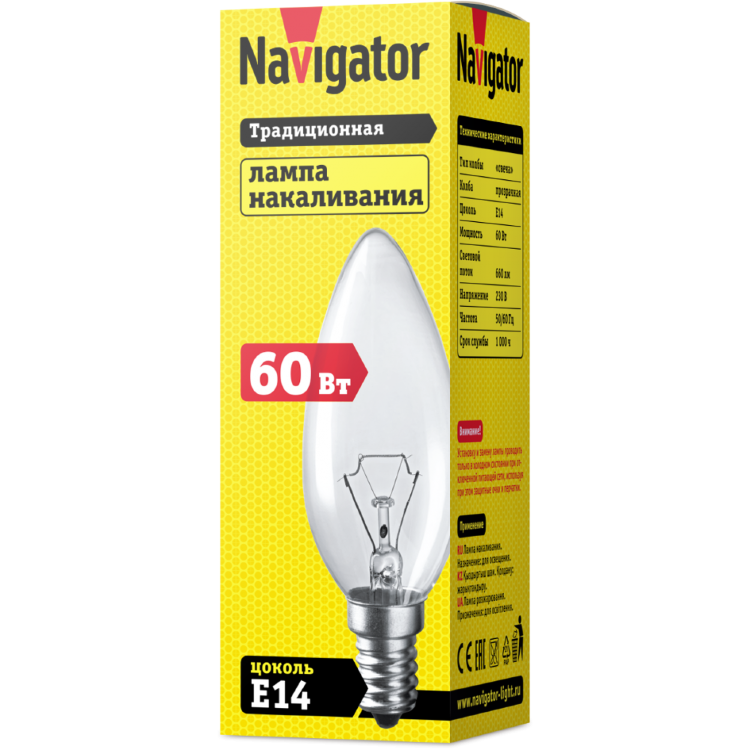 Лампа Navigator 94 304 NI-B-60W-CL-E14-230V свеча