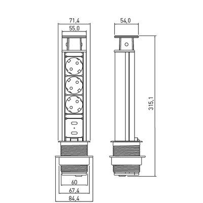 Блок выдвижной 3 роз. AE-BPW3S60U-80 (Schucko) 2*USB серый, с проводом 1,5 метра 13295