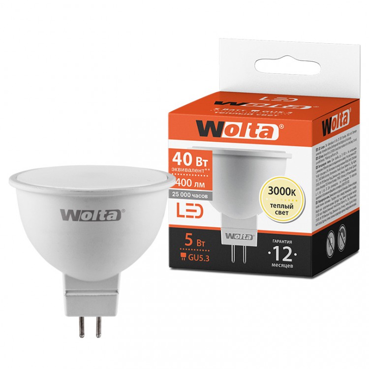 Лампа WOLTA Led 25YMR16-220-5GU5.3 5Вт 3000K GU5.3 (649)