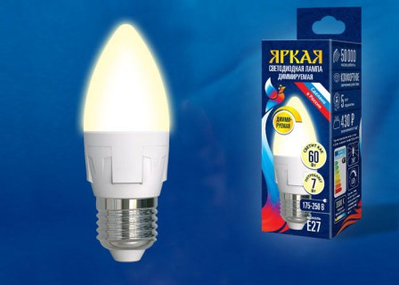 Лампа светодиодная  Uniel LED-C37 7W/3000K/E27/FR/DIM PLP01WH серия Яркая форма "свеча" мат. Уценка