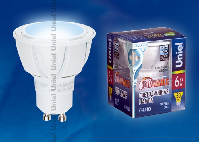 Лампа светодиодная  Uniel LED-JCDR 6W/NW/GU10/FR/DIM PLP01WH серия Яркая форма "JCDR" матовая