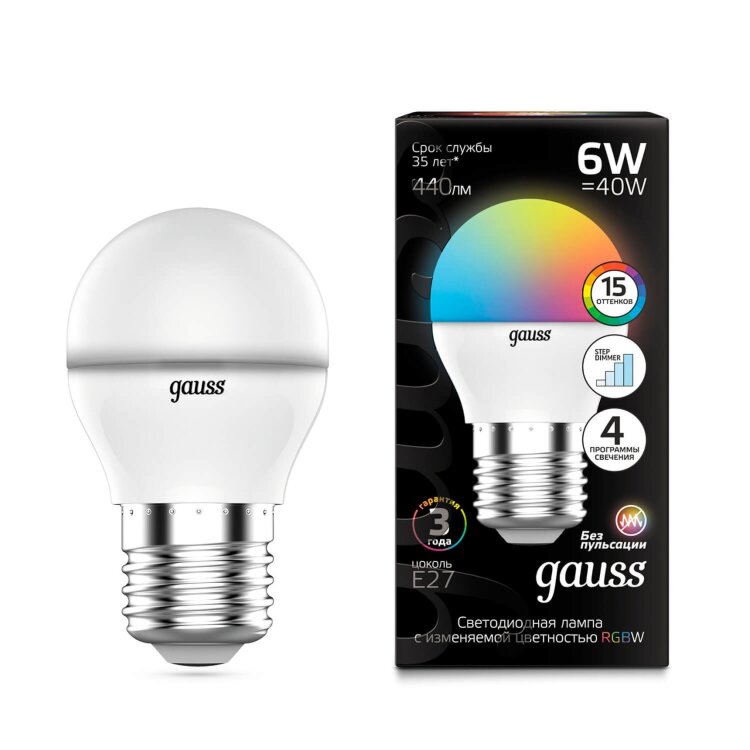 Лампа Gauss LED 105102406 6W G45 E27 RGBW+DIMM шар