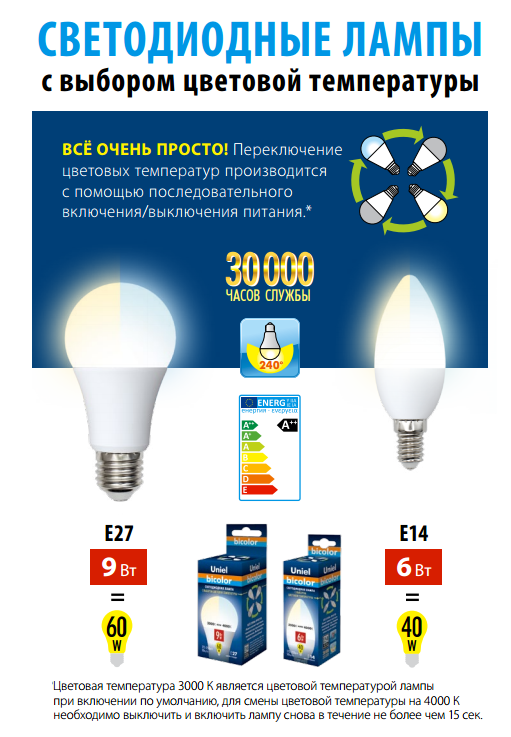 Лампа светодиодная  Uniel LED-C37-6W/WW+NW/E14/FR 3000K + 4000K bicolor (866)