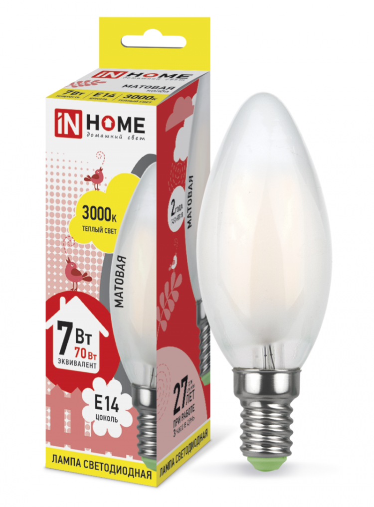 Светодиодная лампа ASD LED-Свеча-deco 7Вт 230В Е14 3000К 630Лм матовая IN HOME (686)