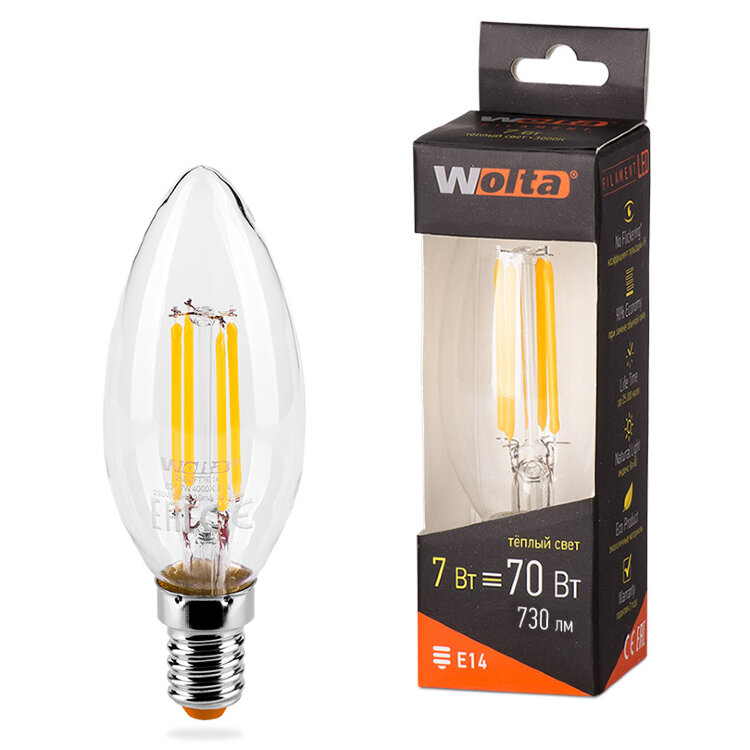 Лампа WOLTA Led Filament 25YCFT 7W E27 3000К свеча (804)