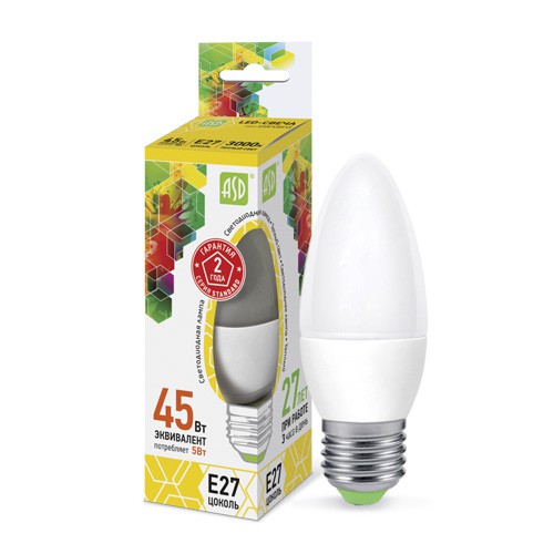 Светодиодная лампа ASD LED-Свеча-Standart 5.0Вт 160-260В Е27 3000К 450Лм (580)