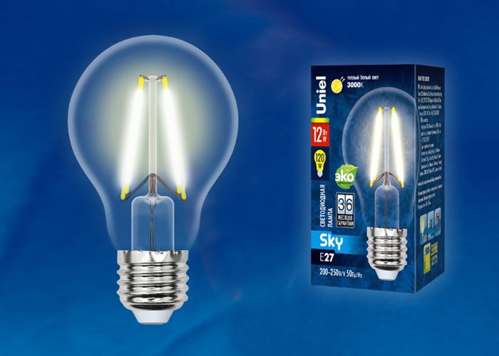 Лампа светодиодная  Uniel LED-A60-12W/3000K/E27/CL  PLS02WH 3000K серия Sky  форма 