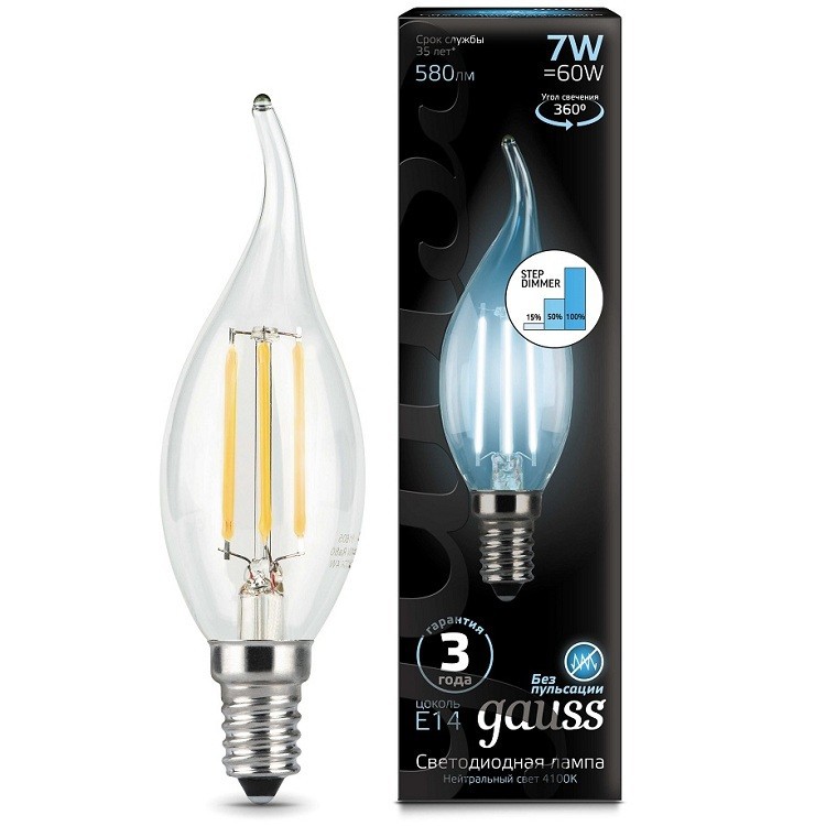 Лампа Gauss LED Filament 7W 104801207-S 4100K E14 свеча на ветру димир.