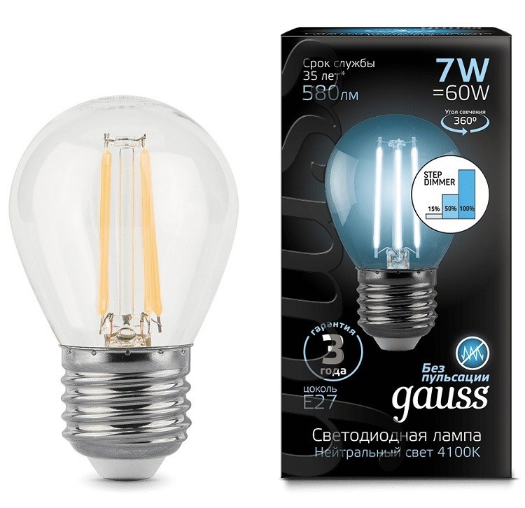 Лампа Gauss LED Filament 7W 105802207-S 4100K E27 шар диммир.