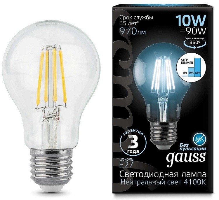 Лампа Gauss LED Filament A60 10W 102802210-S 4100K E27 диммир.