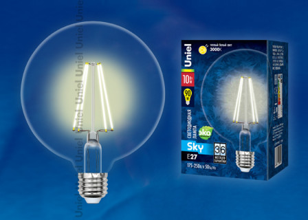 Лампа светодиодная  Uniel LED-G125-10W/WW/E27/CL 3000K серия Sky прозр.(236)