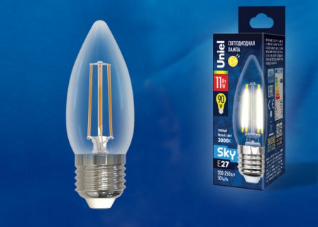 Лампа светодиодная  Uniel LED-C35-11W/3000K/E27/CL PLS02WH серия Sky форма "Свеча"