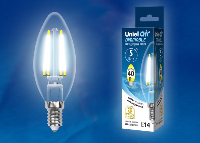 Лампа светодиодная  Uniel LED-C35-5W/NW/E14/CL/DIM GLA01TR серия Air форма 