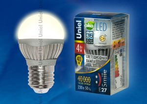 Лампа светодиодная  Uniel LED-G45-4W/WW/E27/FR ALS01SL "Шар" мат.колба серия Aluminium SmileУценка