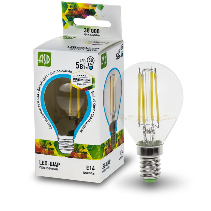 Светодиодная лампа ASD LED-Шар-PREMIUM 5.0Вт 160-260В Е14 4000К 450Лм прозрач.