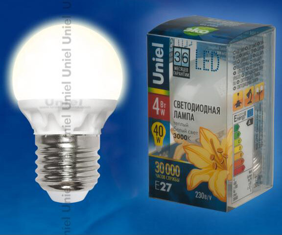 Лампа светодиодная  Uniel LED-G45-4W/WW/E27/FR CRF01WH "Шар" мат.колба серия Flower (135)