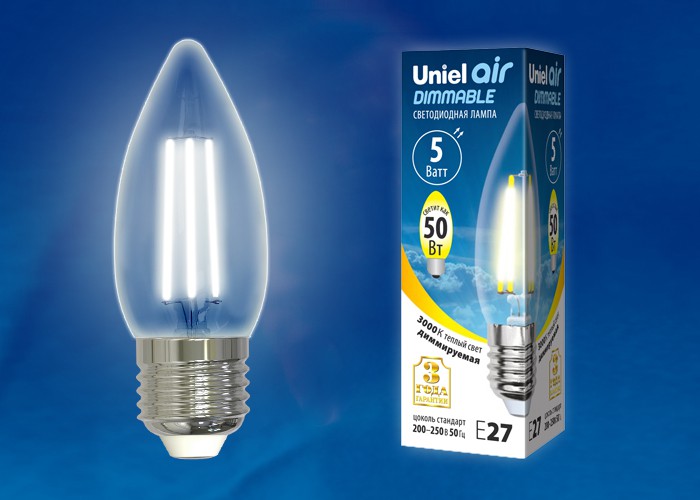 Лампа светодиодная  Uniel LED-C35-5W/WW/E27/CL/DIM GLA01TR серия Air форма 