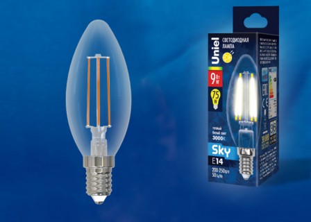 Лампа светодиодная  Uniel LED-C35-9W/3000K/E27/CL PLS02WH серия Sky форма "Свеча" (894) Уценка!