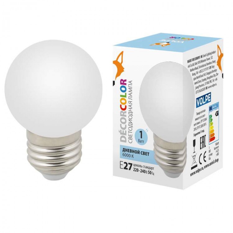 Лампа светодиодная Volpe LED-G45-1W/6000K/E27/FR/C  форма 