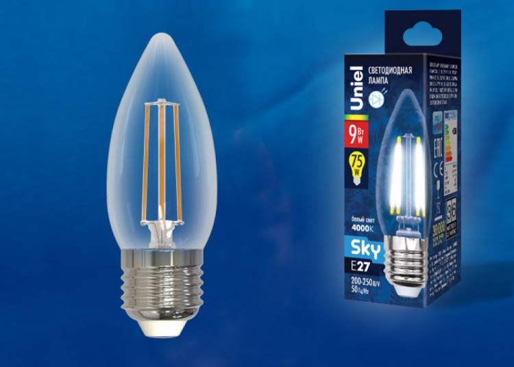 Лампа светодиодная  Uniel LED-C35-9W/4000K/E27/CL PLS02WH серия Sky форма 