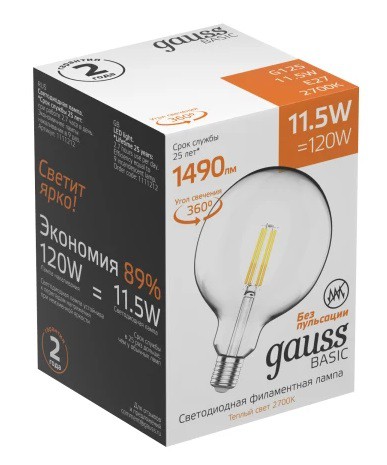 Лампа Gauss LED Filament Basic G125 11.5W 1490lm 2700K E27 1111212