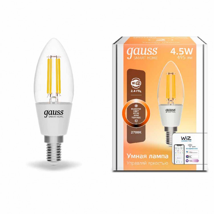 Лампа Gauss Smart Home Filament С35 4,5W 495lm 2700К E14 димм. LED