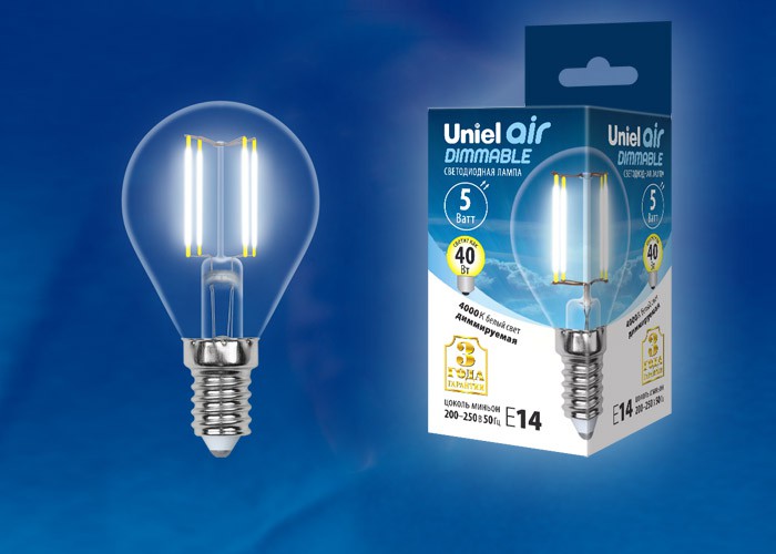 Лампа светодиодная  Uniel LED-G45-5W/NW/E14/CL/DIM GLA01TR серия Air форма "Шар"