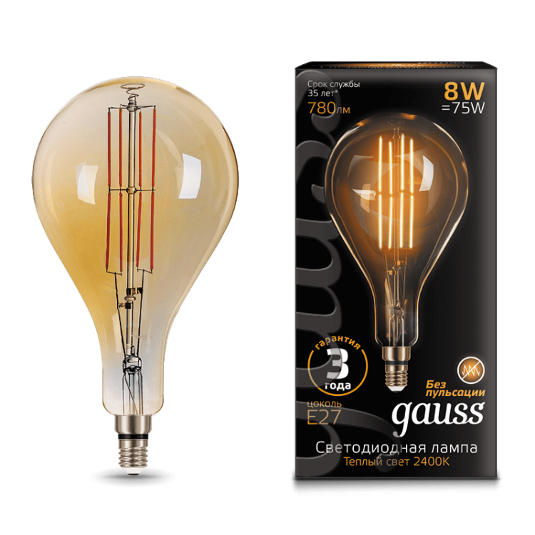 Лампа Gauss LED Vintage Filament 149802008 A160 E27 8W 2400K Golden