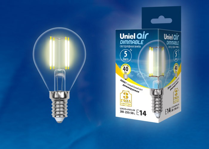 Лампа светодиодная  Uniel LED-G45-5W/WW/E14/CL/DIM GLA01TR серия Air форма 