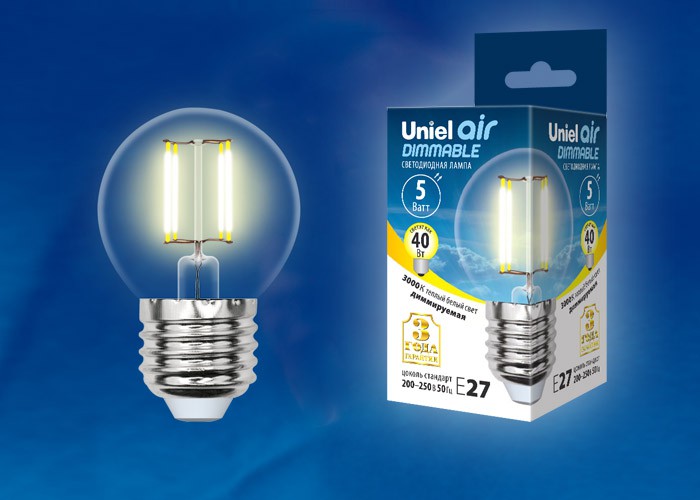 Лампа светодиодная  Uniel LED-G45-5W/WW/E27/CL/DIM GLA01TR серия Air форма 