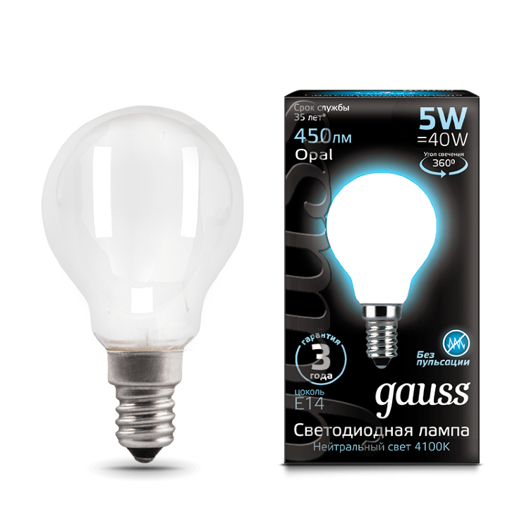 Лампа Gauss LED Filament OPAL Globe 105201205 5W E14 4100K шар матовый