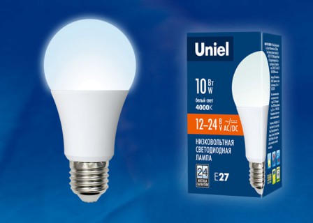 Лампа светодиодная  Uniel LED-A60-10W/NW/E27/FR/12-24V PLO55WH  форма "А" мат.Уценка