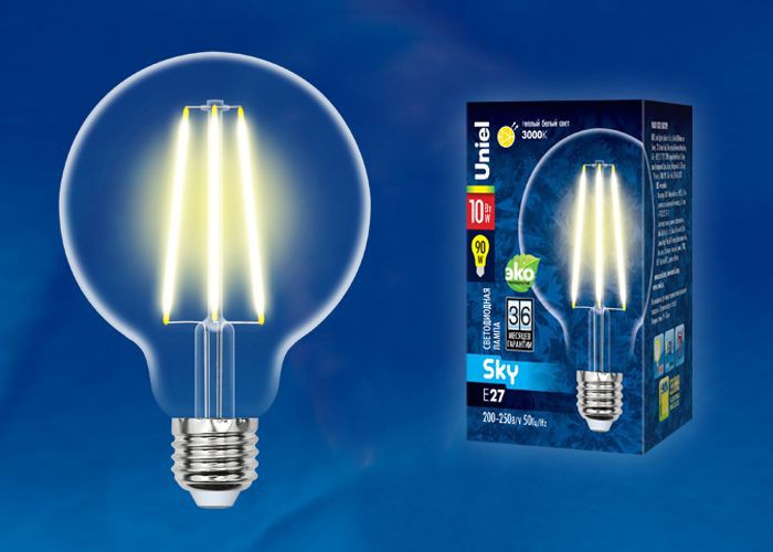Лампа светодиодная  Uniel LED-G95-10W/3000K/E27/CL  PLS02WH 3000K серия Sky  форма "Шар" (549)