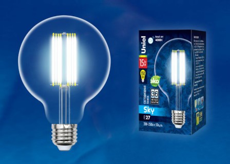 Лампа светодиодная  Uniel LED-G95-15W/4000K/E27/CL  PLS02WH 4000K серия Sky  форма "Шар" (558)