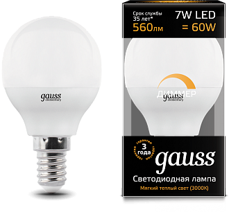 Лампа Gauss LED DIMM 105101107-D Globe E14 7W 3000К димм.