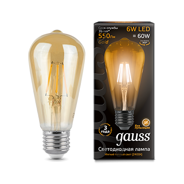Лампа Gauss LED Vintage Filament 102802006 ST64 E27 6W 2400K Golden